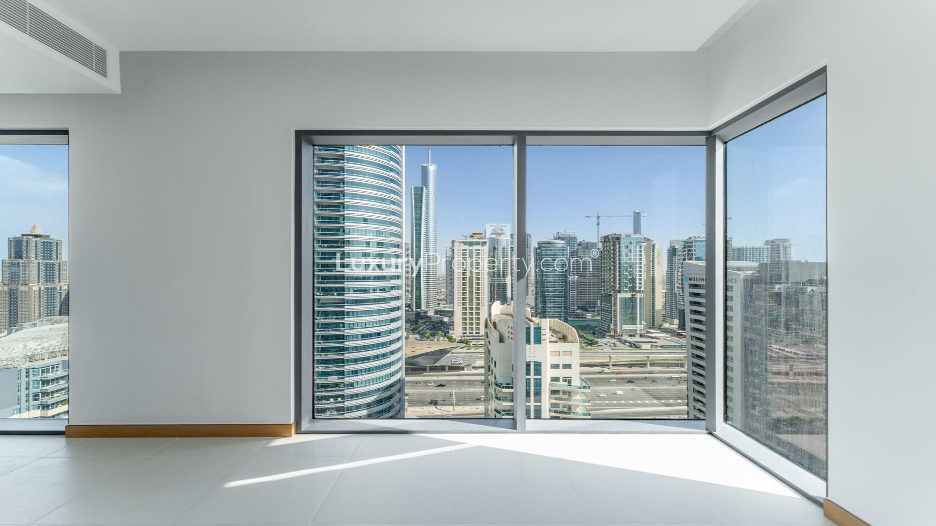 Balcony view from 1-bedroom apartment in Vida Residences, Dubai Marina, showcasing city skyline