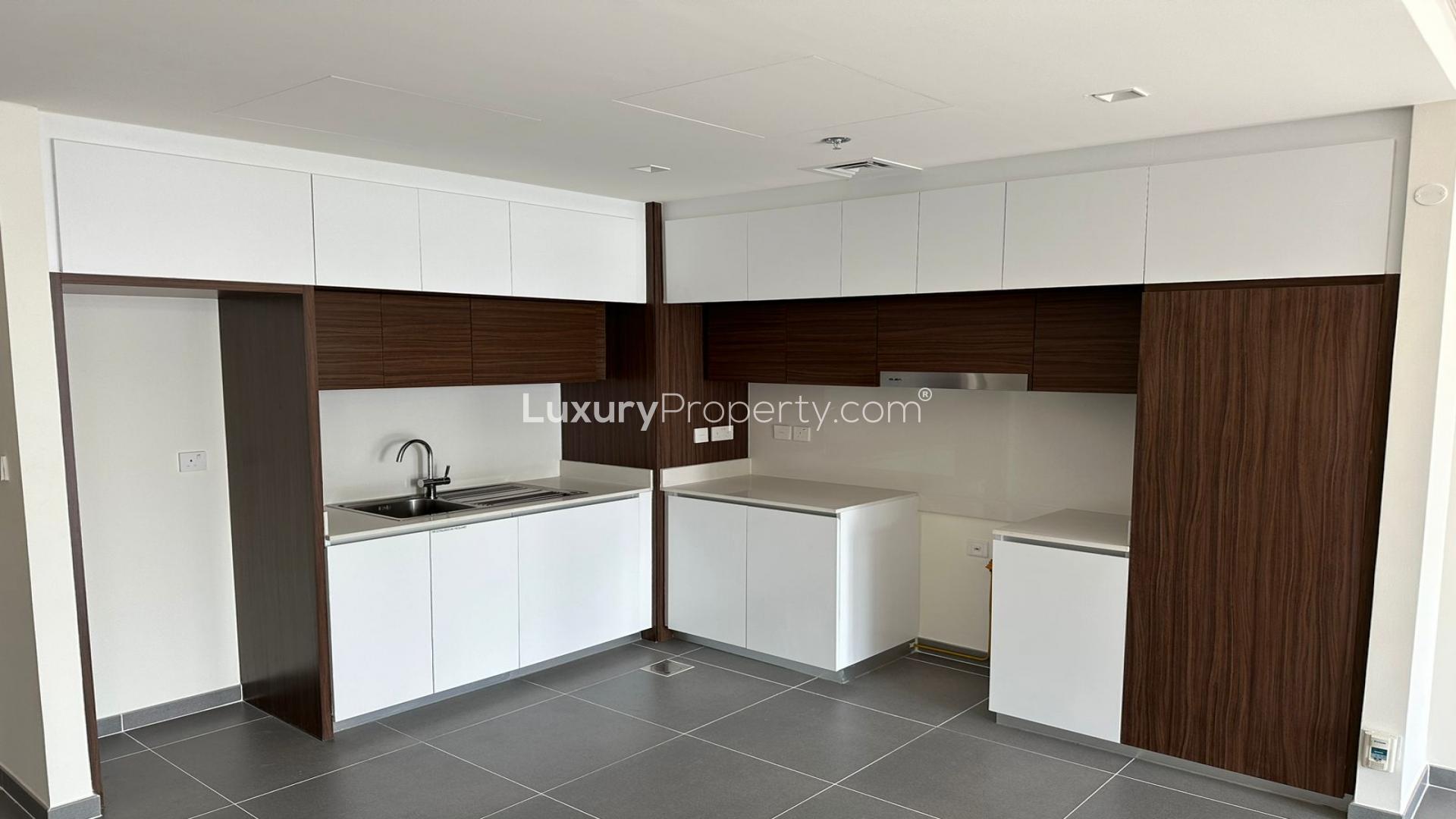 Empty modern living room in 1-bedroom apartment, Creek Edge, Dubai Creek Harbour