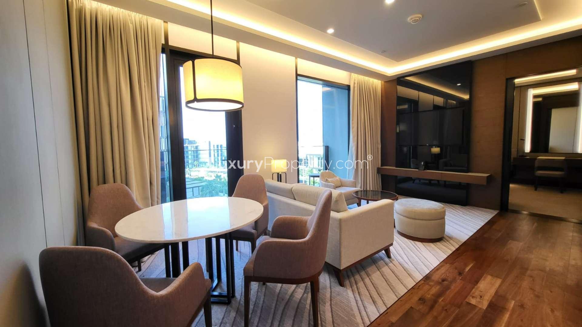 Elegant living room in 1-bedroom apartment, Caesars Palace, Bluewaters, Dubai, with modern decor