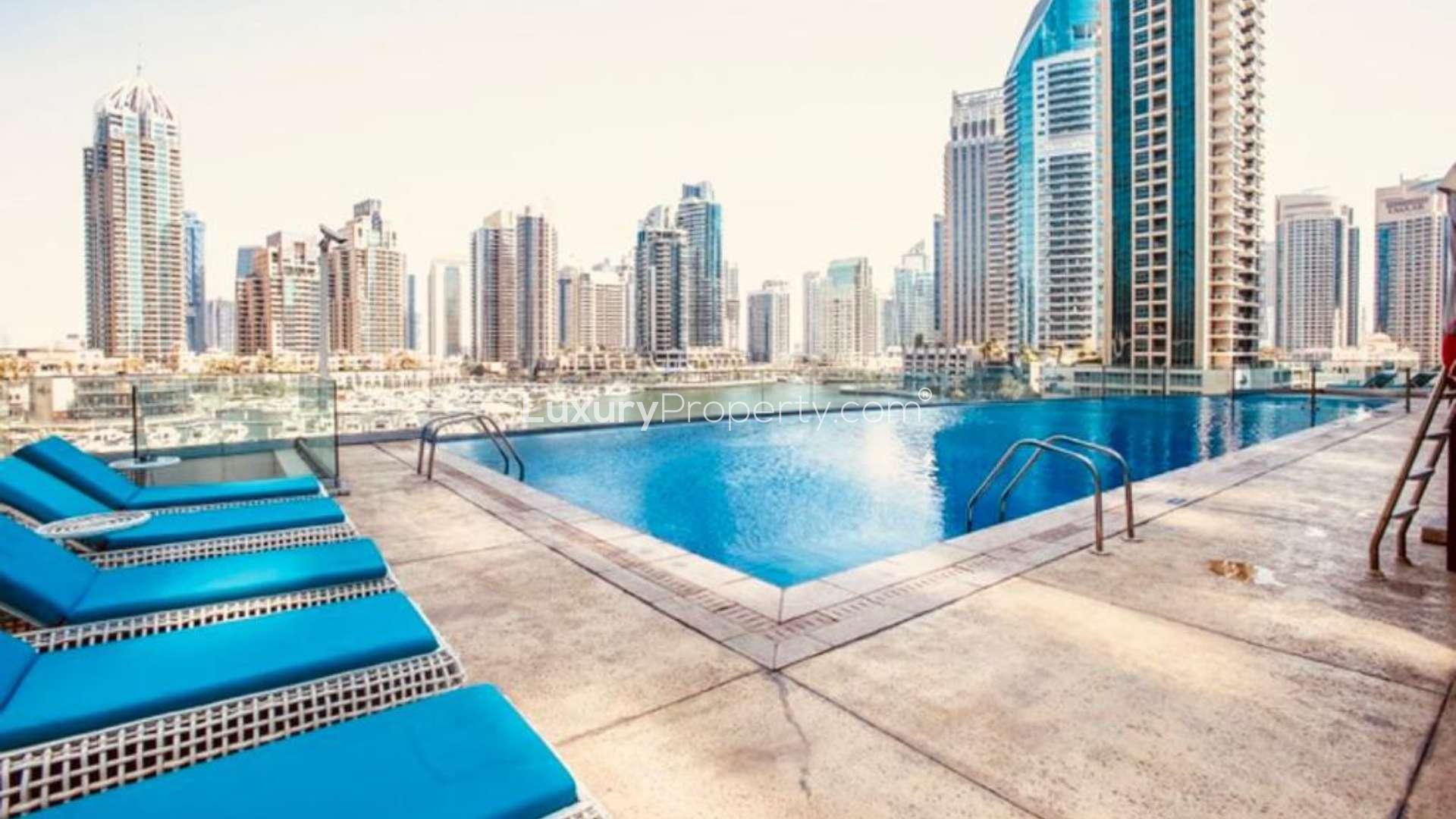 Elegant living room in 1-bedroom apartment with marina view in Cayan Tower, Dubai Marina