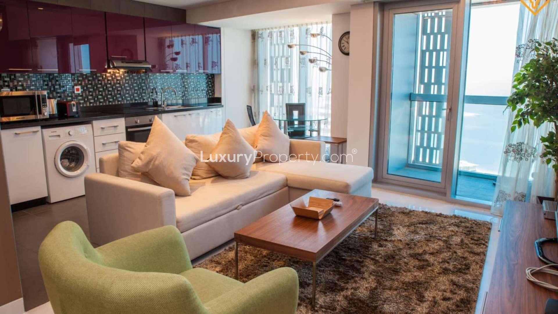 Balcony view of Dubai Marina from furnished apartment in Cayan Tower, Dubai Marina