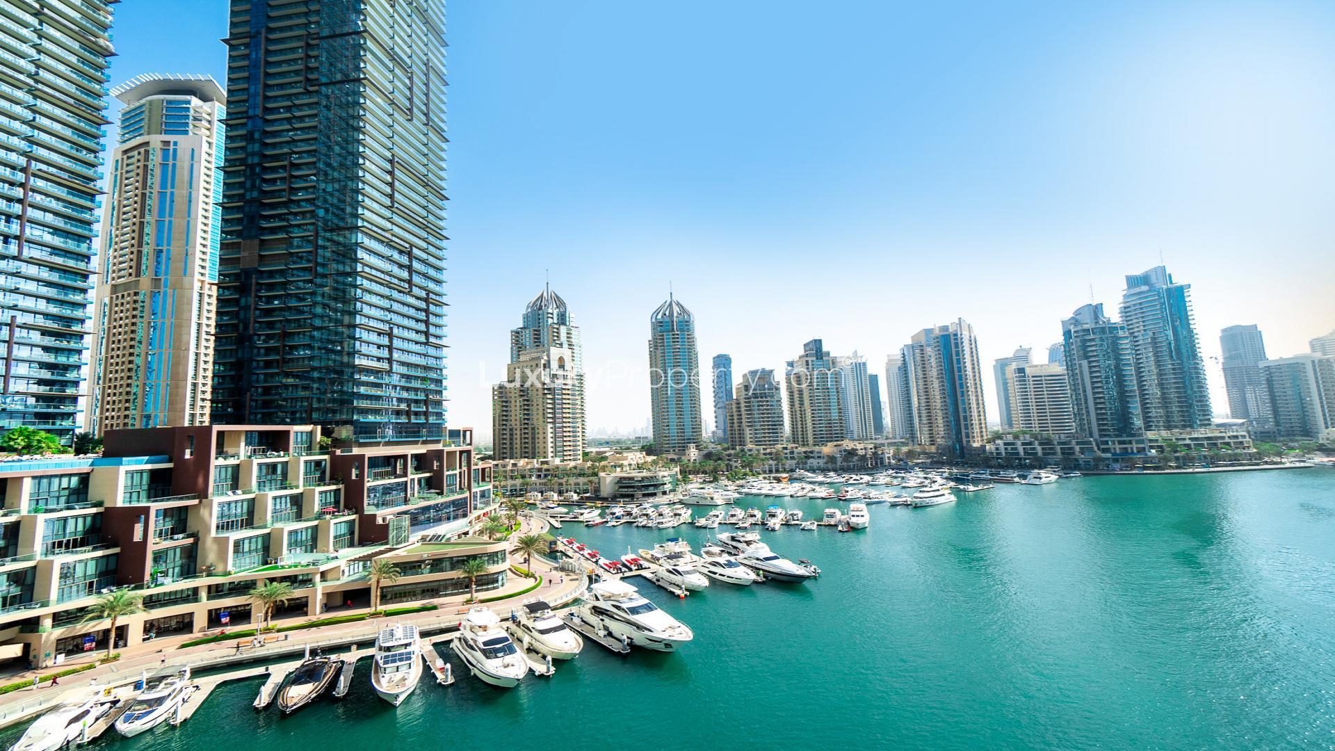 Balcony view of Dubai Marina from furnished apartment in Cayan Tower, available for rent