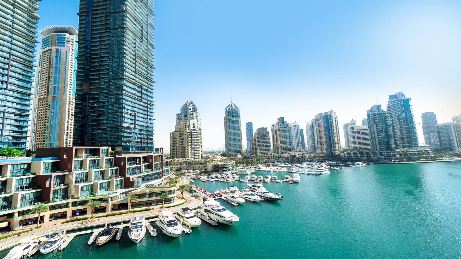 Balcony view of Dubai Marina from furnished apartment in Cayan Tower, available for rent