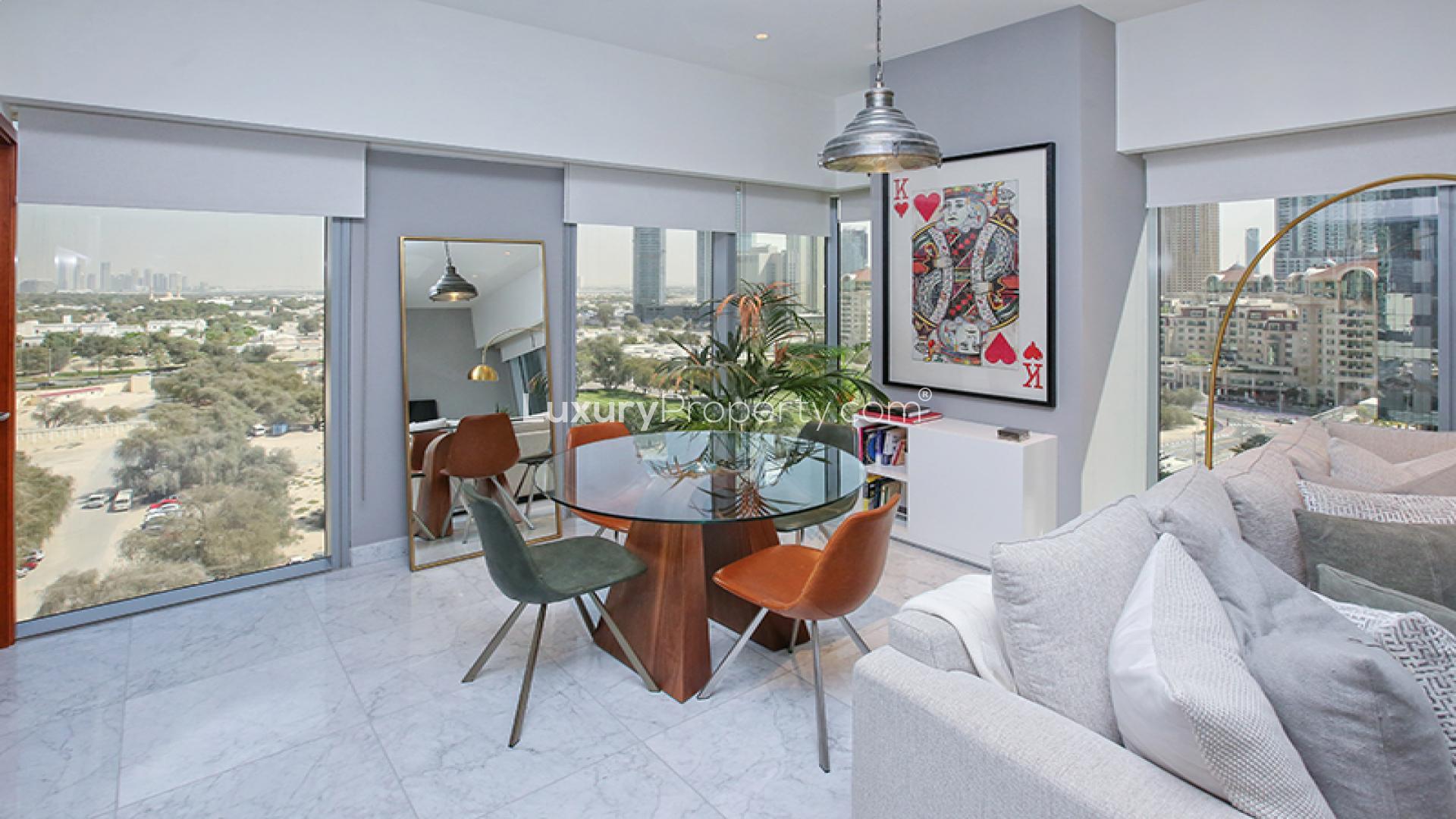 Stylish living room in 1-bedroom apartment, Central Park Tower, DIFC, modern decor, city view