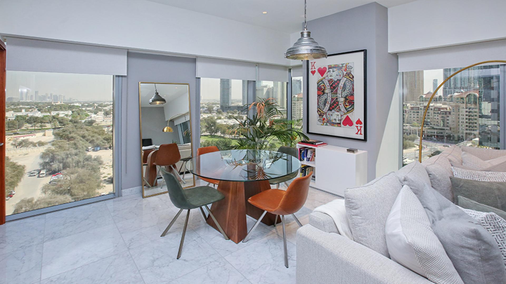 Stylish living room in 1-bedroom apartment, Central Park Tower, DIFC, modern decor, city view