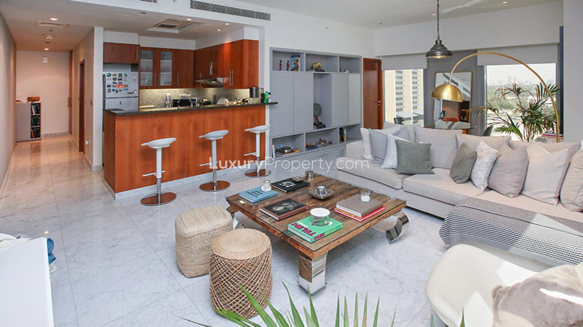 Stylish living room in 1-bedroom apartment, Central Park Tower, DIFC, with city views