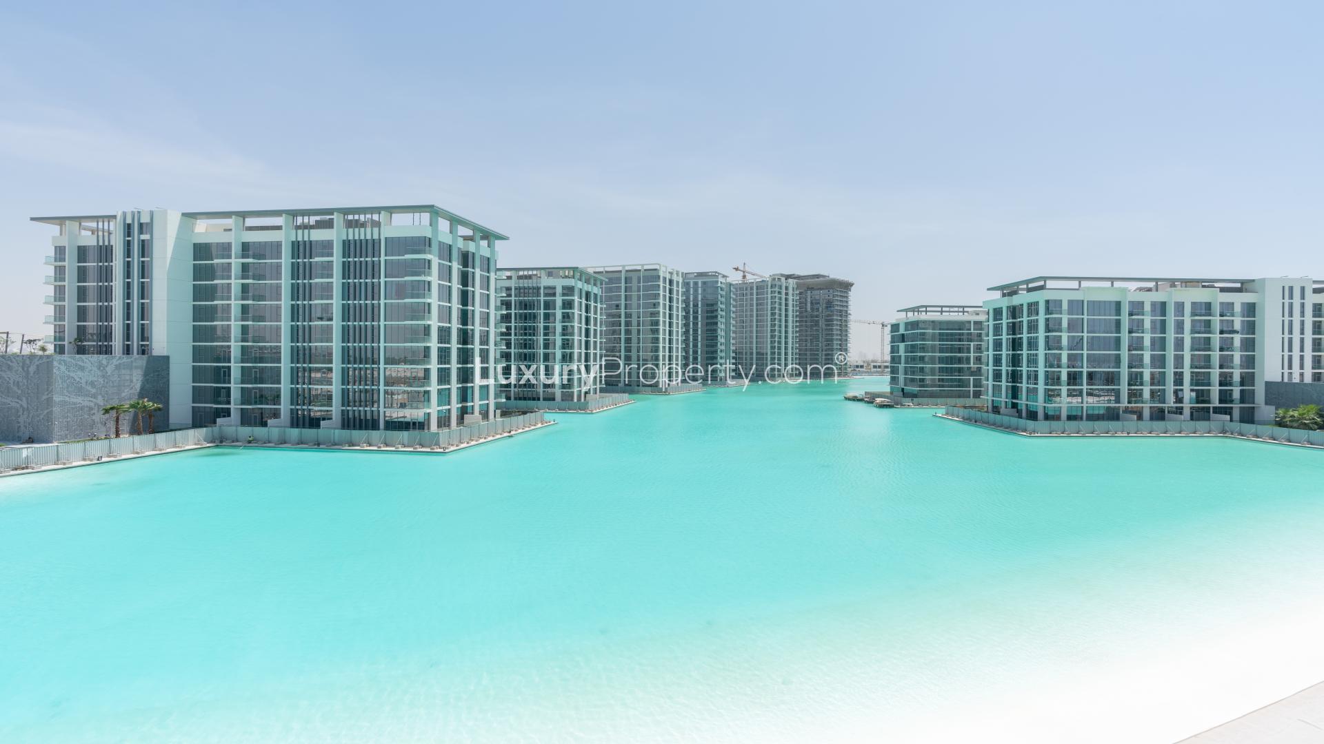 Lagoon view from luxury furnished apartment balcony in District One, Mohammed Bin Rashid City