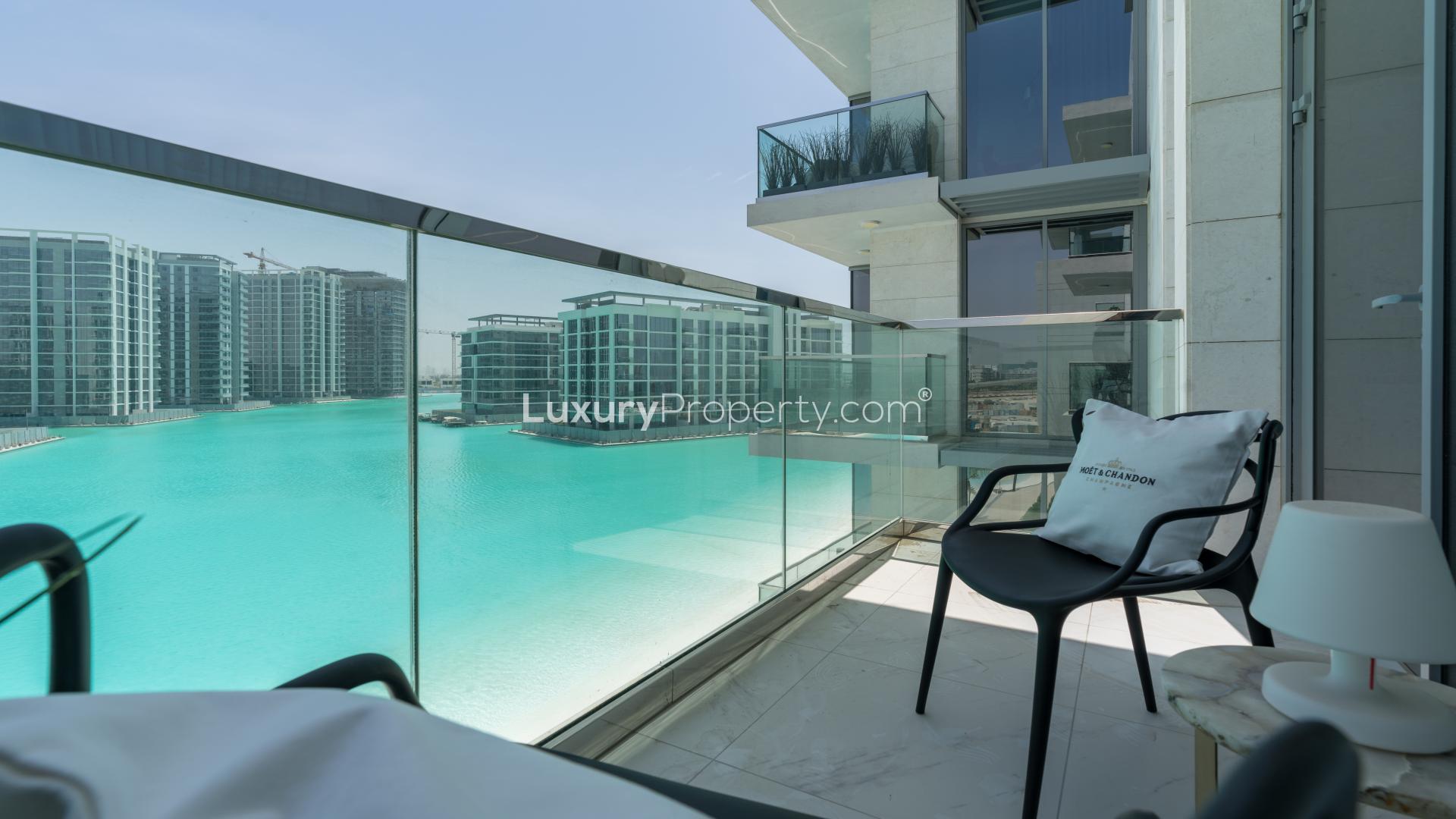 Luxurious furnished living room with lagoon view in District One apartment, Mohammed Bin Rashid City