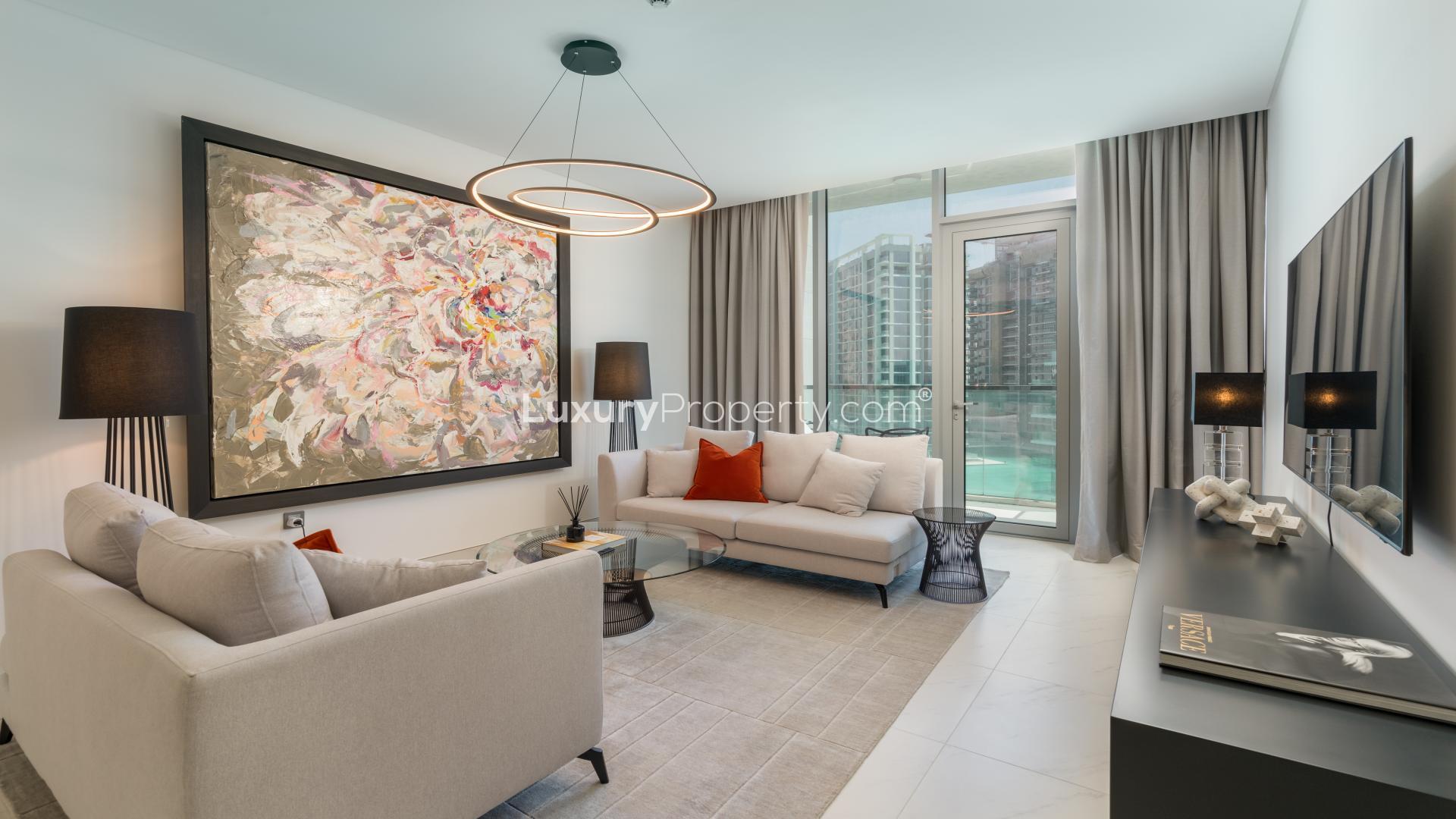 Luxurious apartment view with turquoise lagoon in District One, Mohammed Bin Rashid City