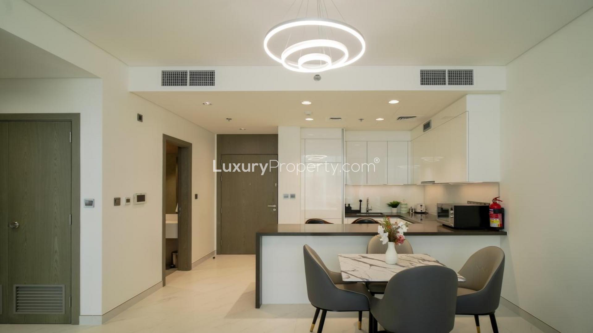 Fully furnished living room in 1-bed apartment, Mohammed Bin Rashid City, District One