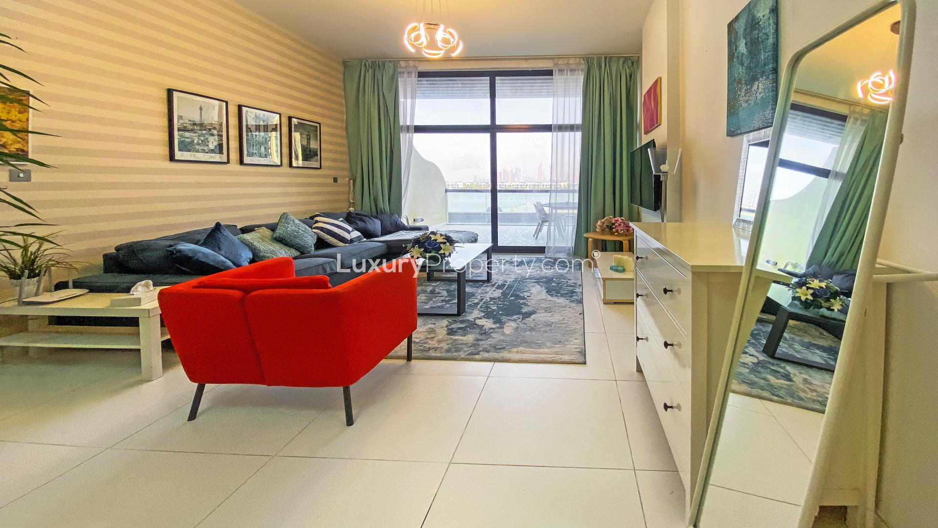 Beachfront studio apartment terrace with sea view at Club Vista Mare, Palm Jumeirah