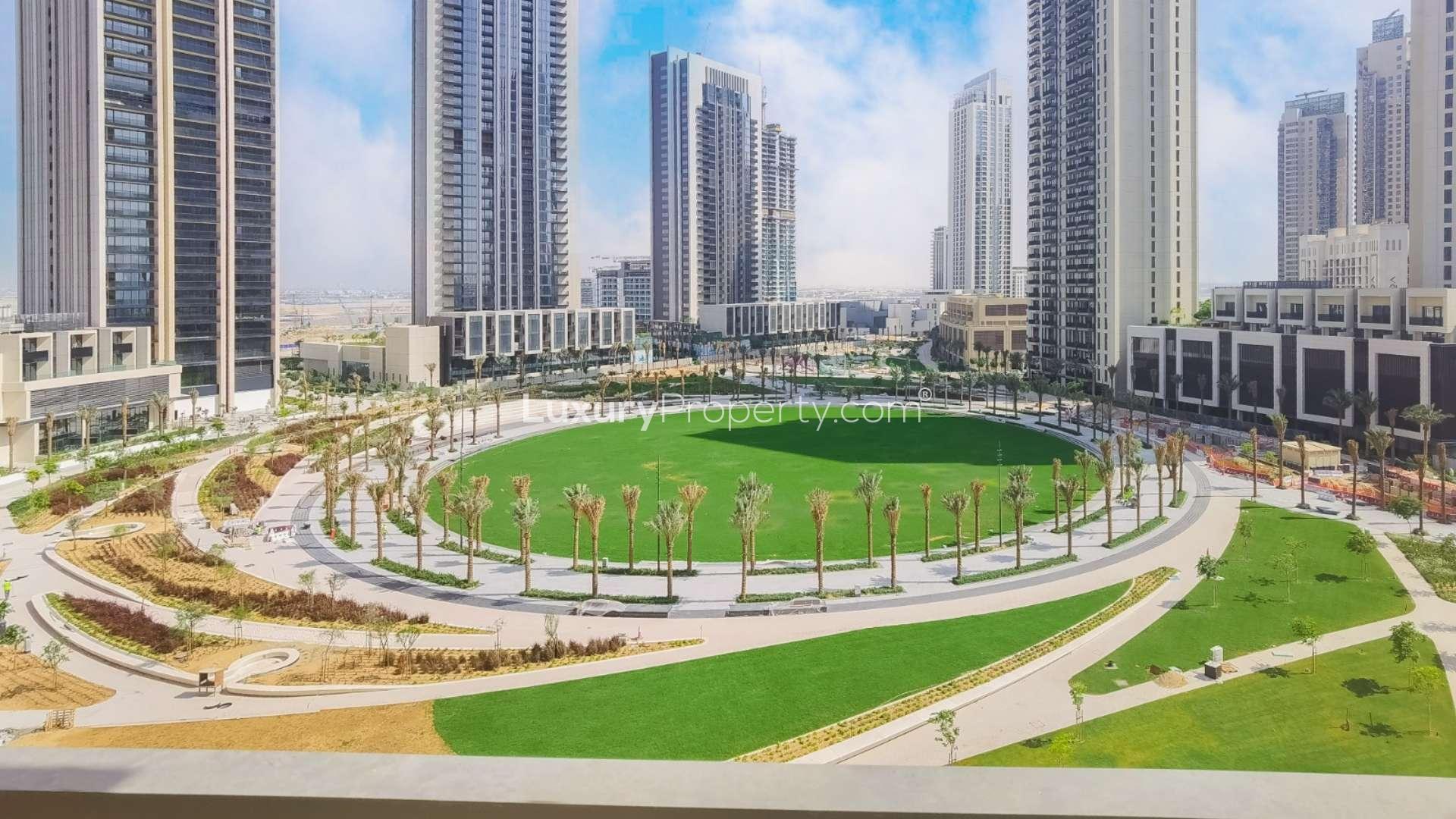 Modern kitchen and balcony view in Creek Rise Tower 2 apartment, Dubai Creek Harbour