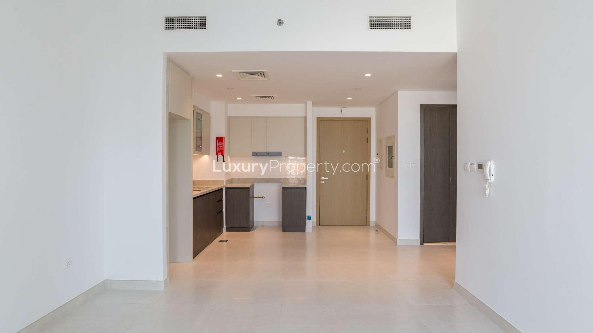 Empty living area in 1-bedroom apartment, Creekside 18, Dubai Creek Harbour