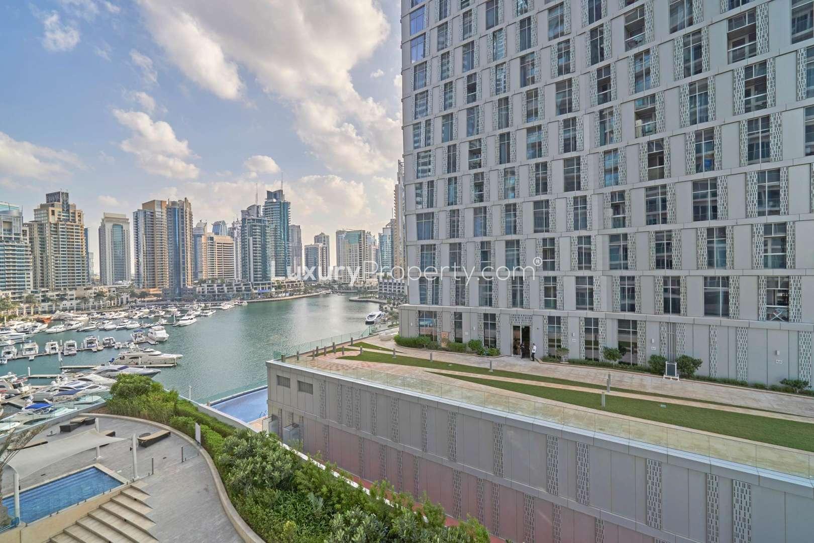 Balcony view from 1-bedroom apartment in DAMAC Residenze, Dubai Marina, showcasing skyline and water