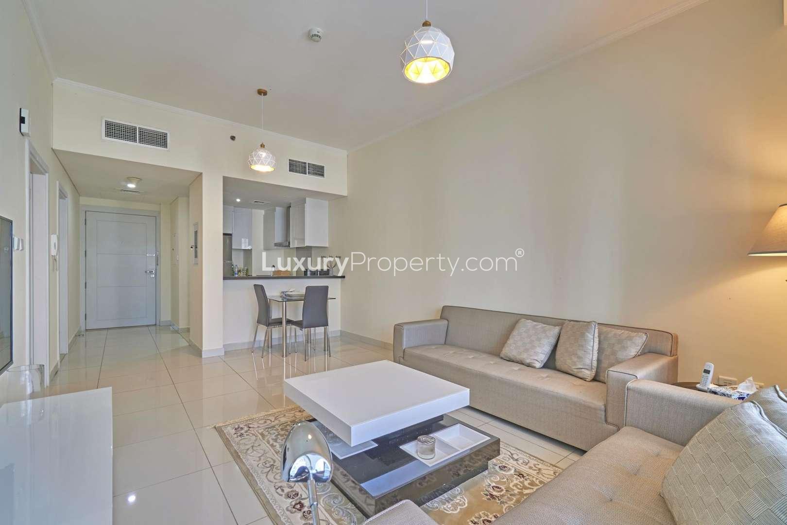 Furnished living area in 1-bed apartment, DAMAC Residenze, Dubai Marina with modern decor