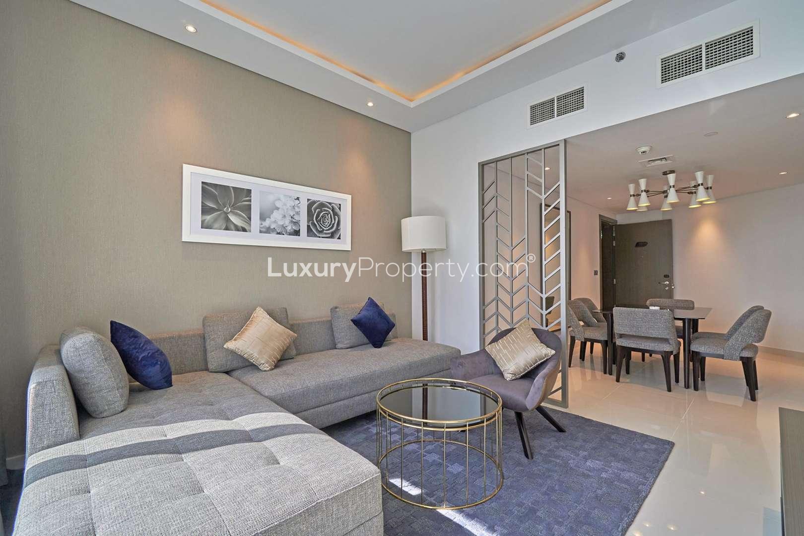 Modern bedroom in Prive by Damac apartment, Business Bay, featuring sleek decor and natural light