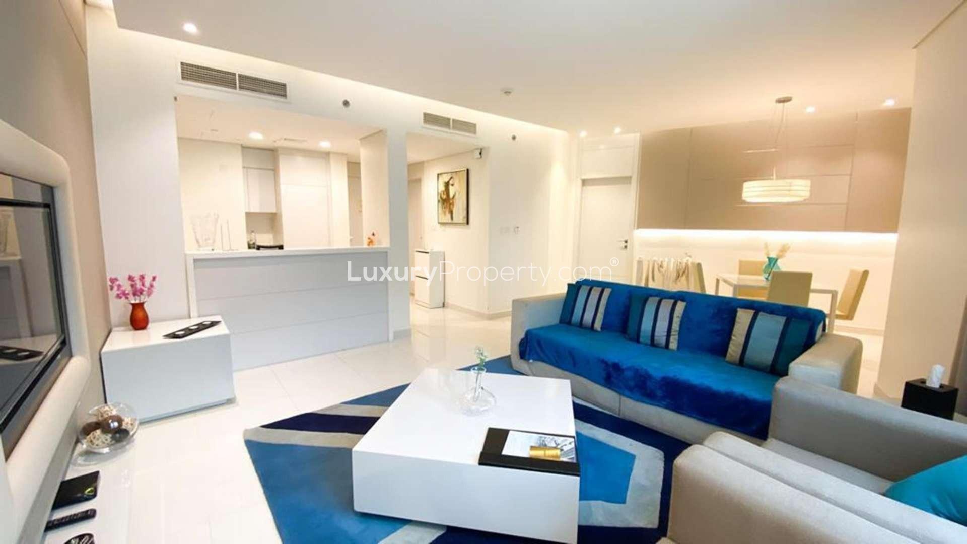 Luxurious living room in 1-bedroom apartment, The Vogue, Business Bay, modern decor, open kitchen