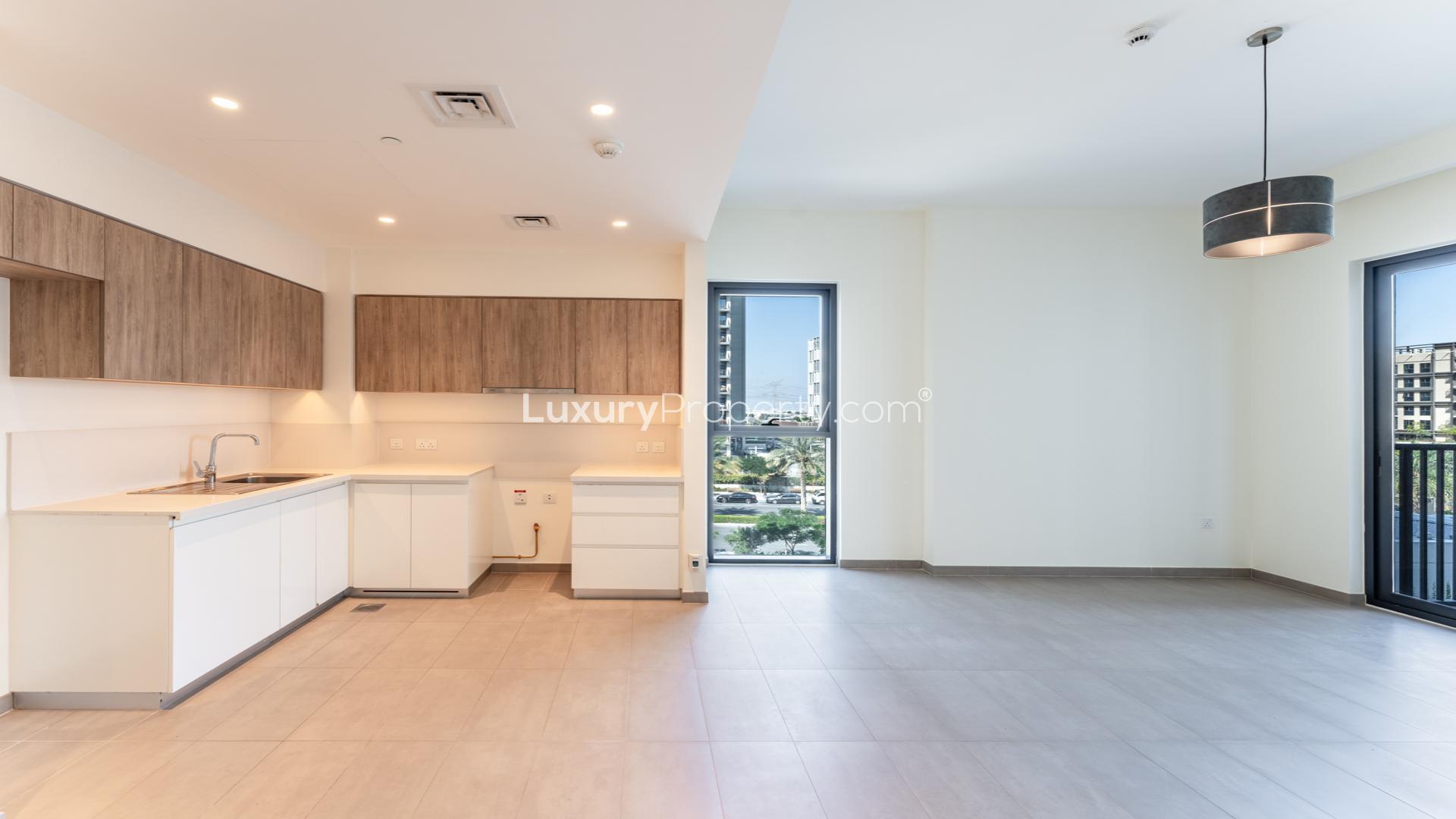 N/A,Bright kitchen and living area in 1-bedroom apartment, Executive Residences, Dubai Hills Estate