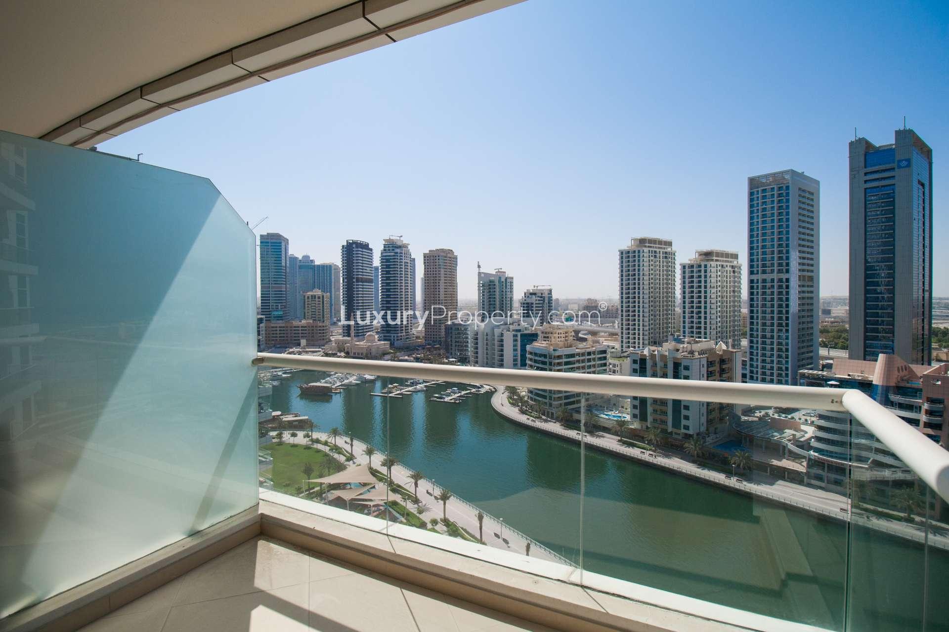 Bright living room in 1-bedroom apartment, Dorra Bay, Dubai Marina, with modern decor