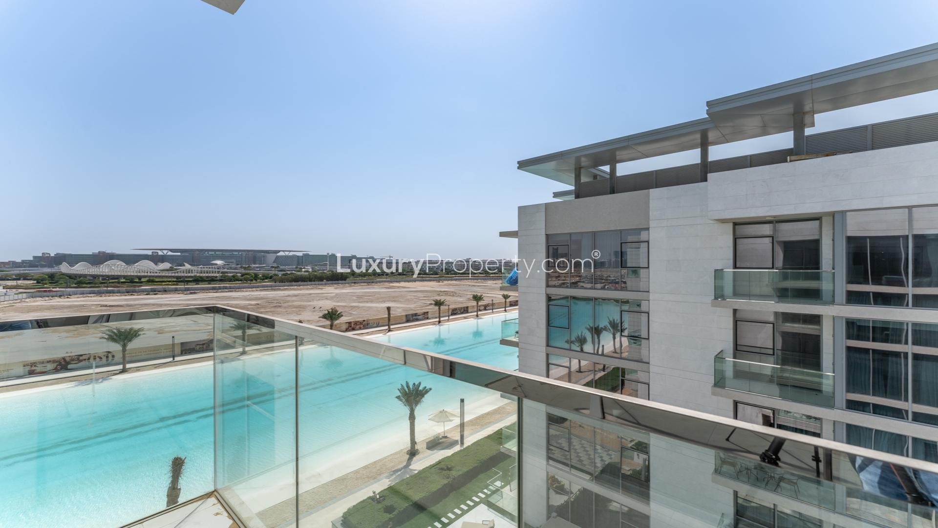 Modern bedroom in 1-bedroom apartment, District One, MBR City, with lagoon view and elegant decor