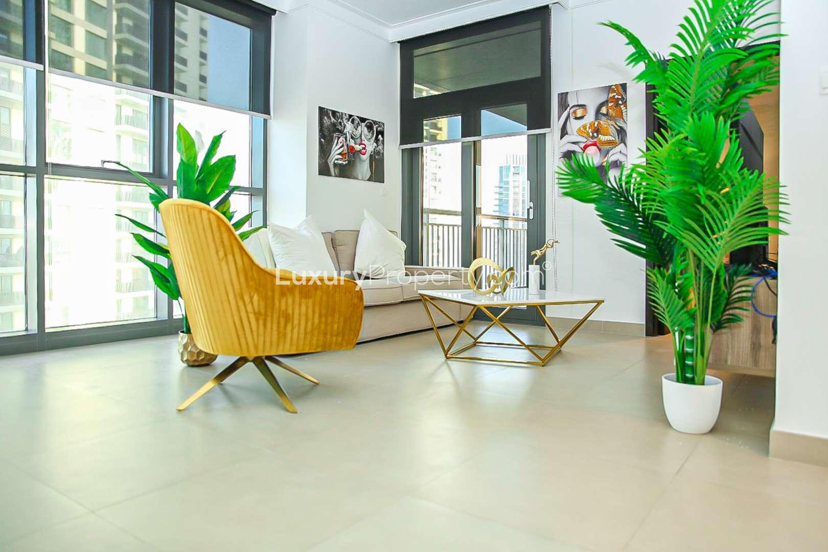 Fully furnished living area in 1-bedroom apartment, Dubai Creek Harbour, modern decor