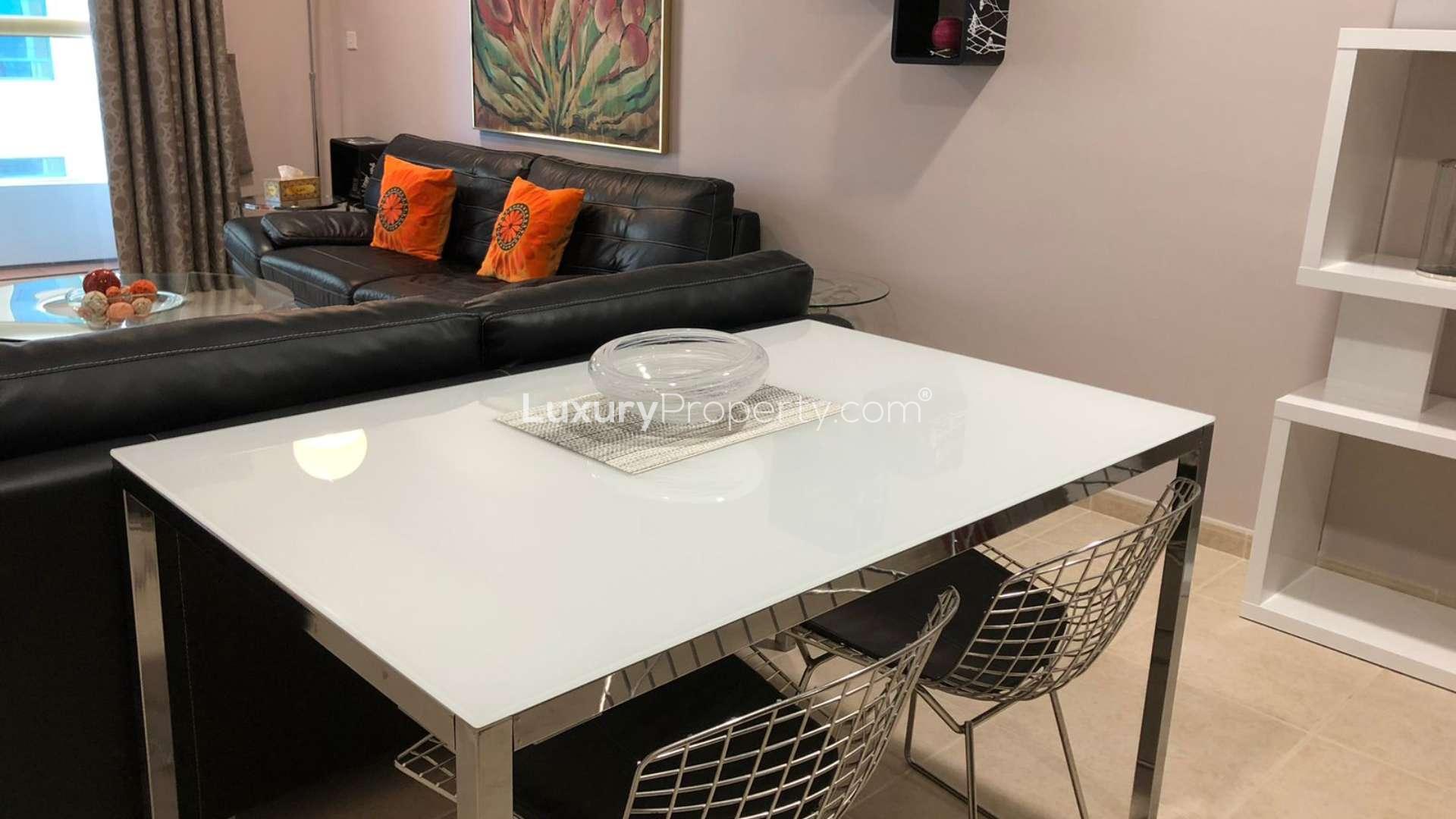 Living room in 1-bedroom apartment, Elite Residence, Dubai Marina, featuring modern furnishings