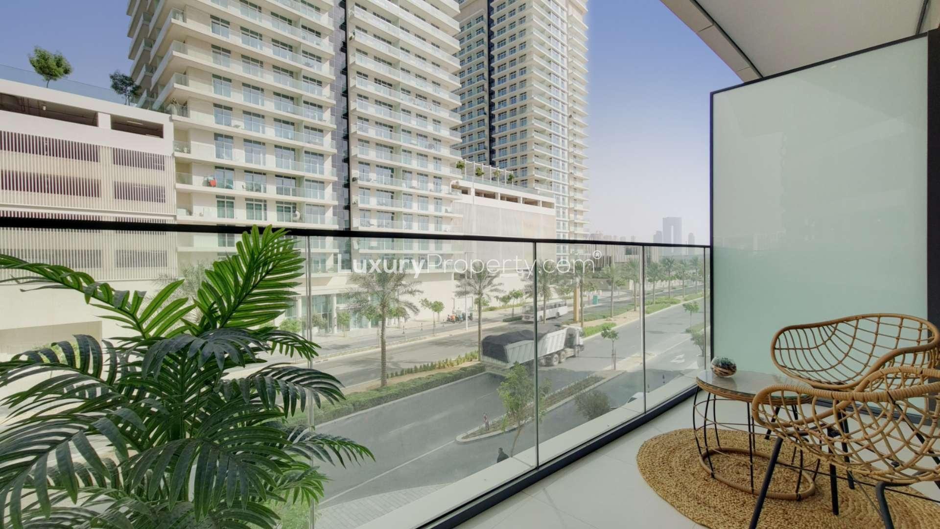 Luxurious living room in furnished apartment, Emaar Beachfront, Dubai Harbour, with private beach access
