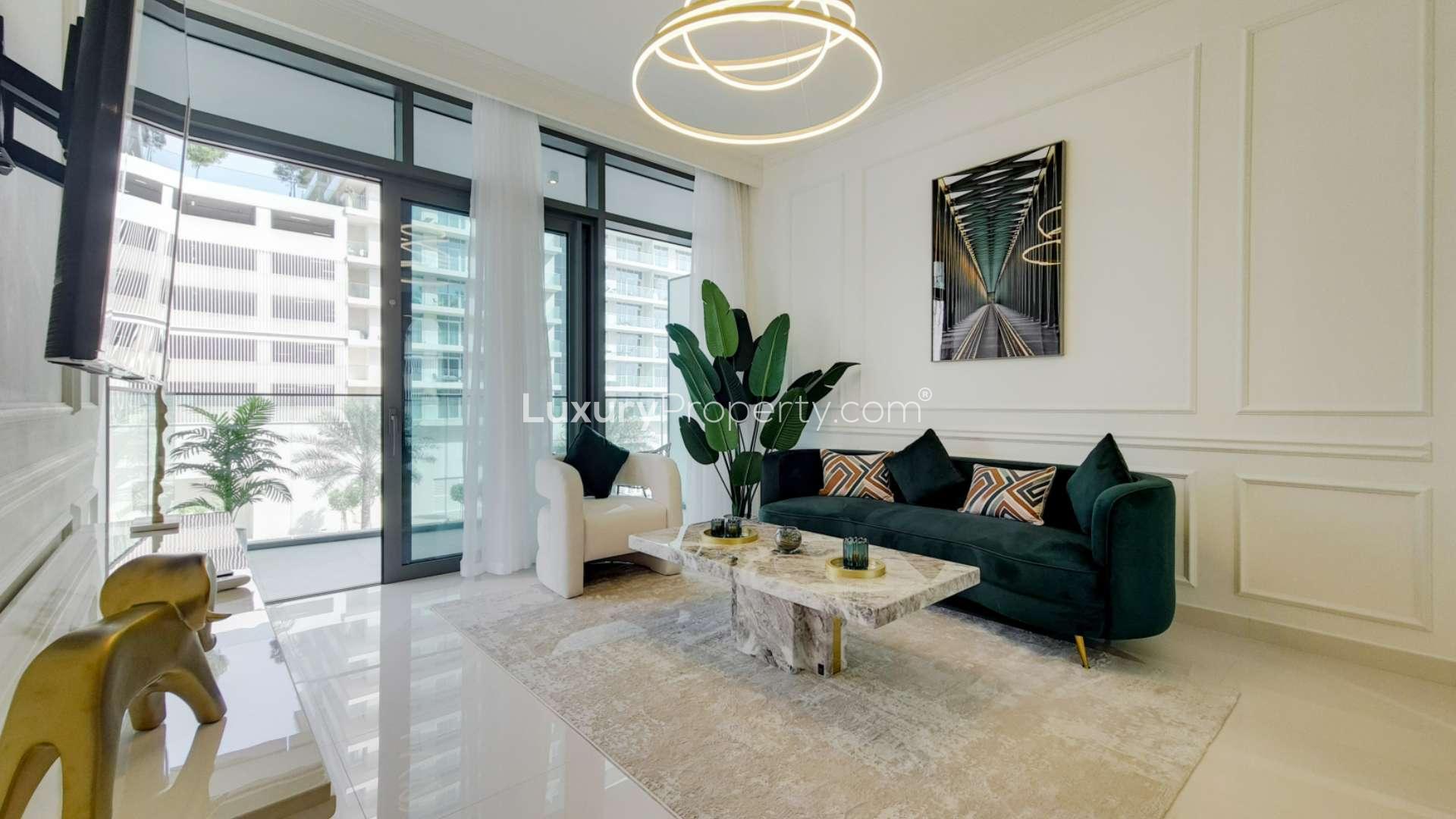 "Balcony view from furnished apartment at Emaar Beachfront, Dubai Harbour, with modern seating.",Brand new furnished apartment living room in Emaar Beachfront, Dubai Harbour, with modern decor