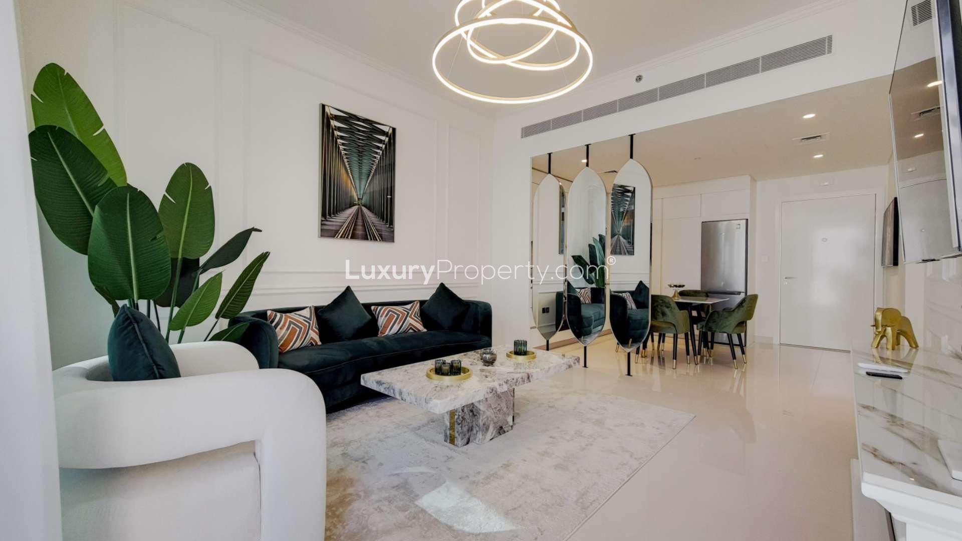 Brand new furnished apartment living room, modern decor, Dubai Harbour, Emaar Beachfront