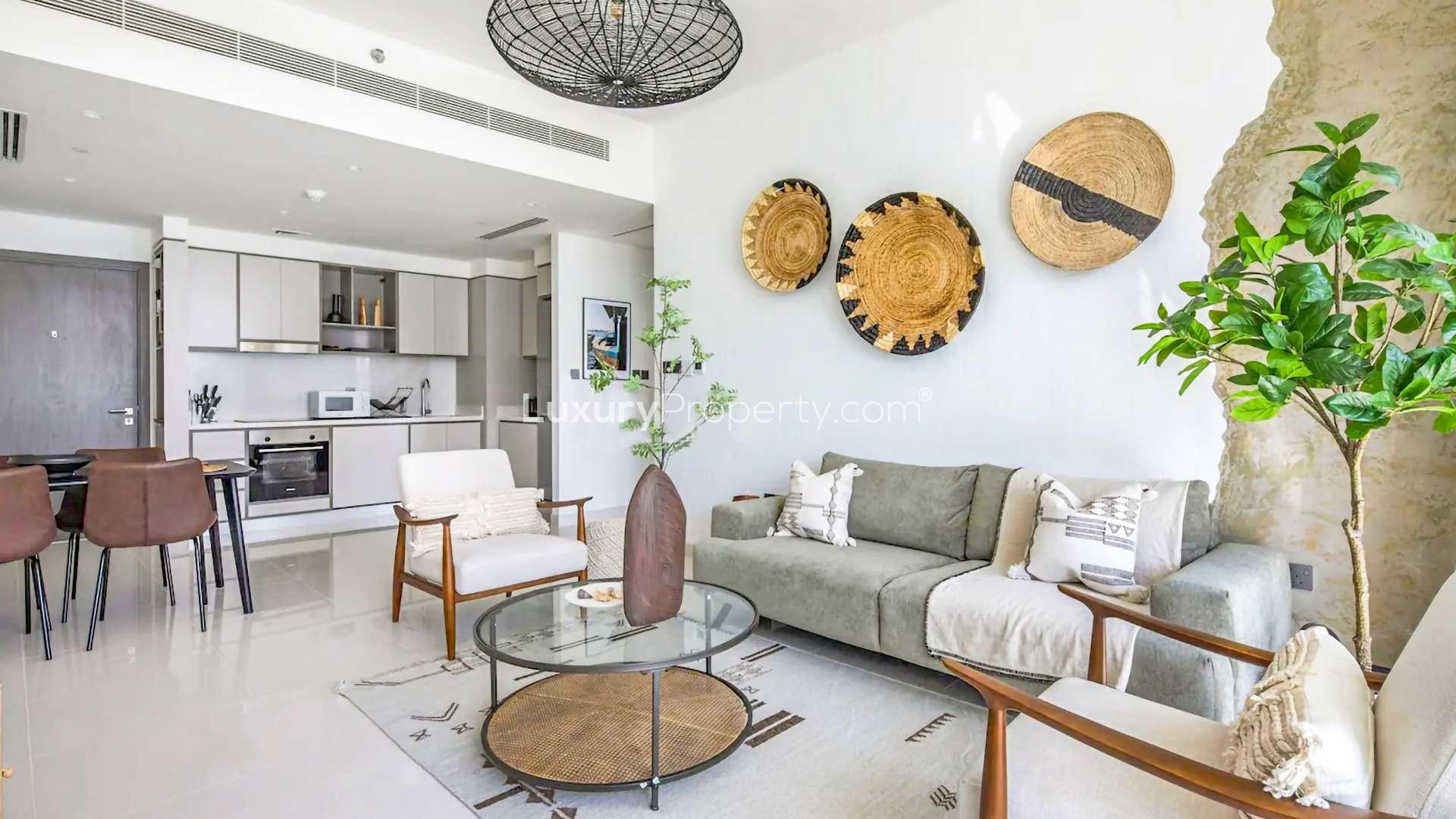 Furnished apartment living room with Marina skyline view in Emaar Beachfront, Dubai Harbour