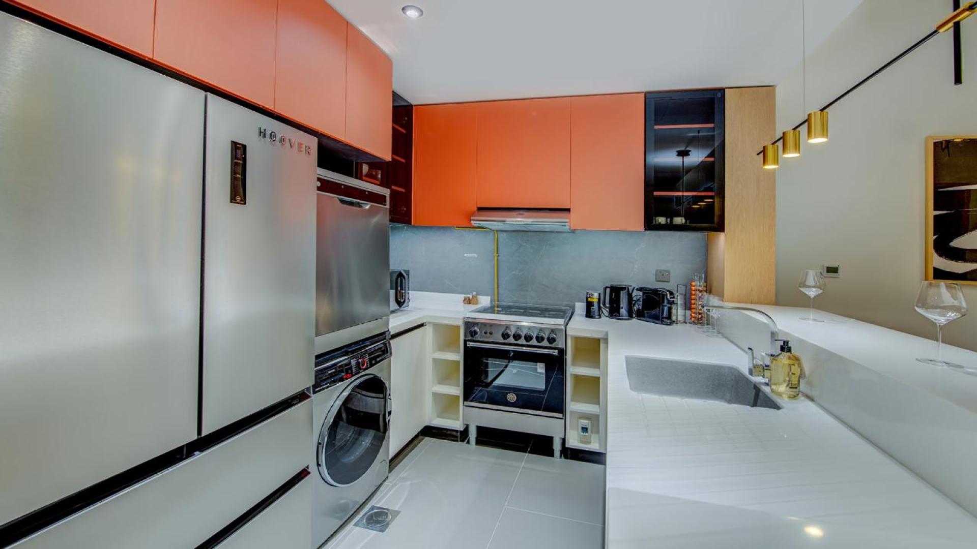 Furnished kitchen in upgraded 1-bedroom apartment, MBL Royal, Jumeirah Lake Towers, for rent