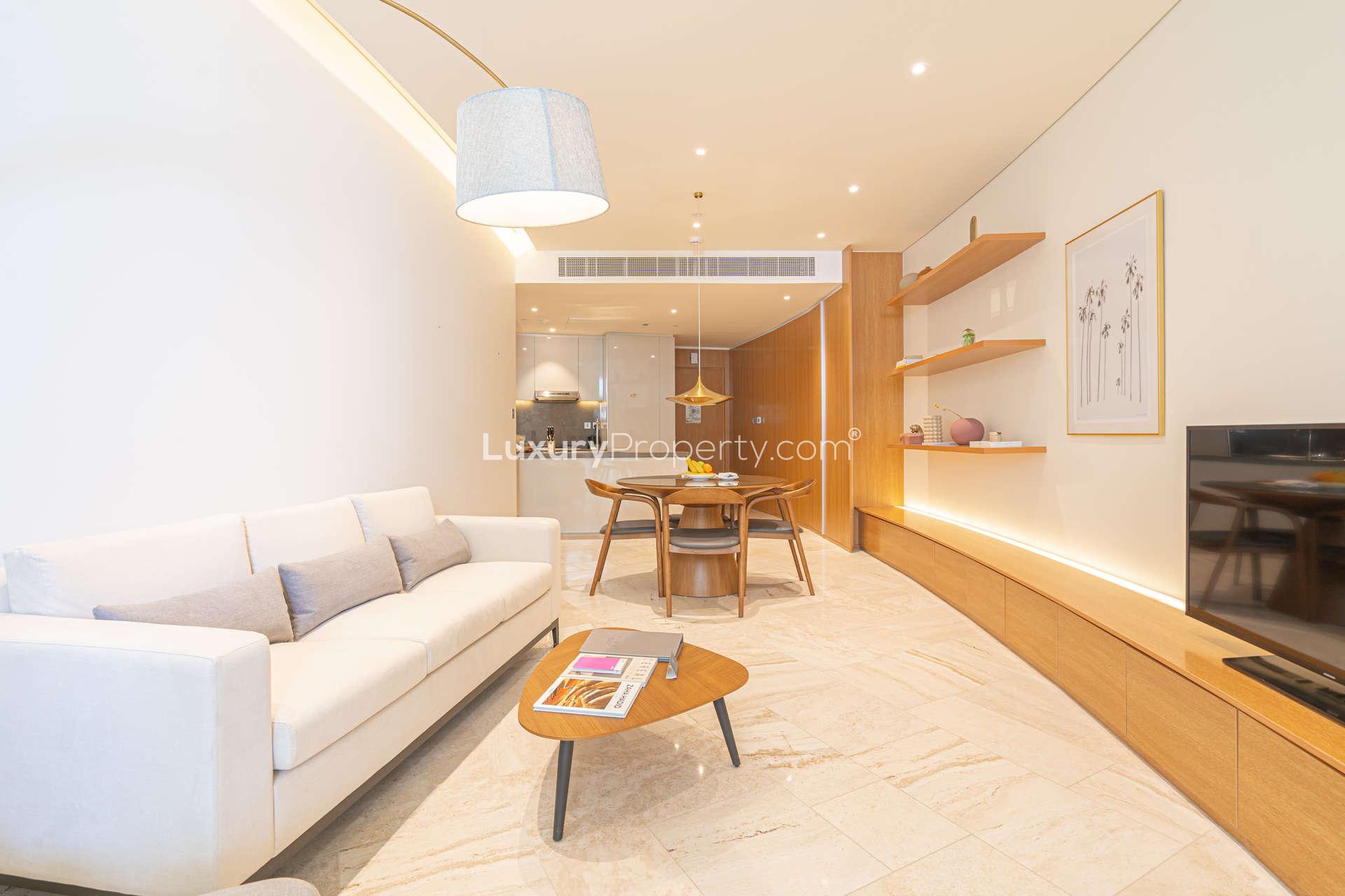 Modern kitchen with marble countertops in JVC apartment at The Five Hotel, available for rent