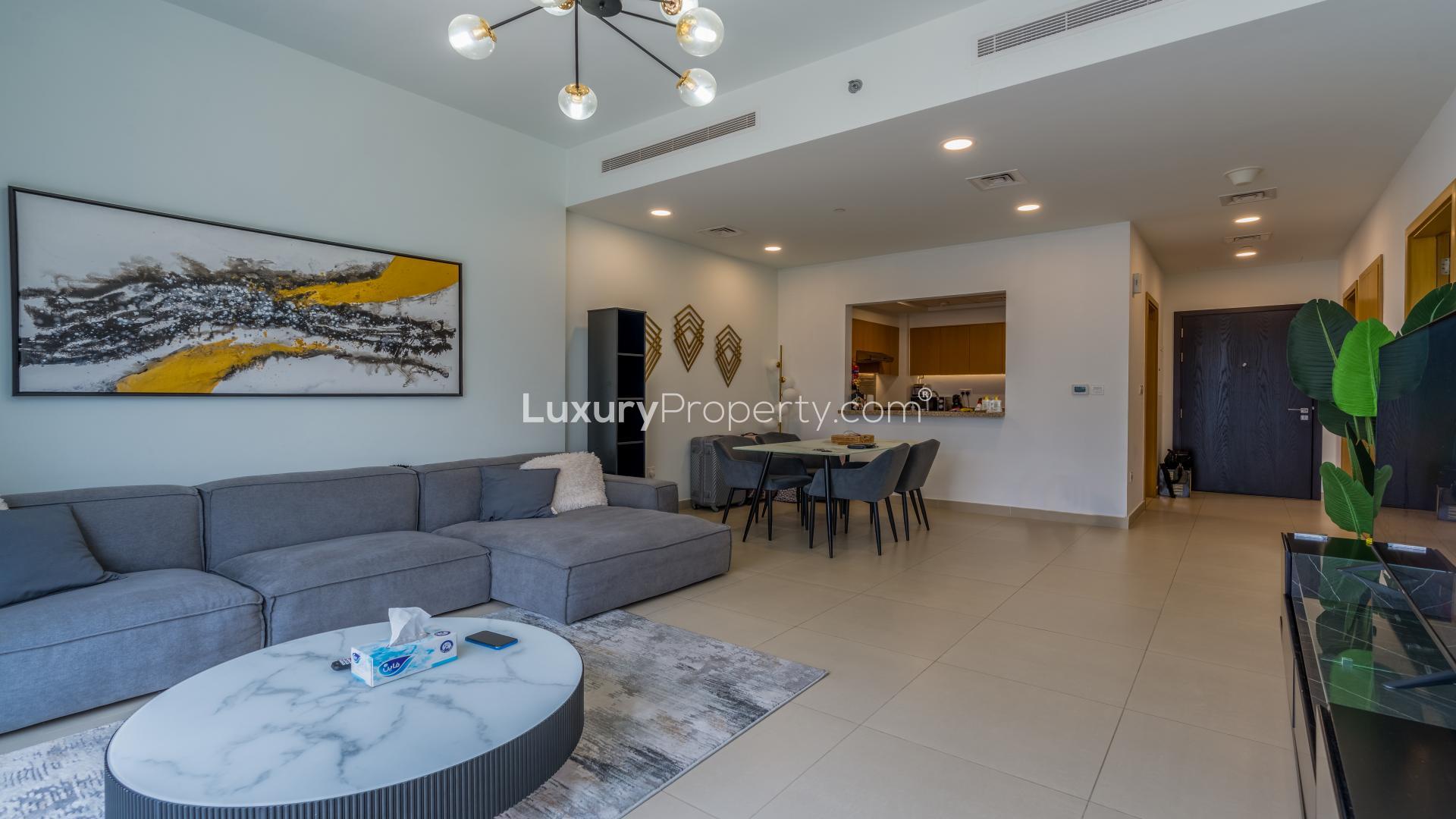 Aerial view of Bellevue Tower 1 apartment balcony overlooking Downtown Dubai skyline