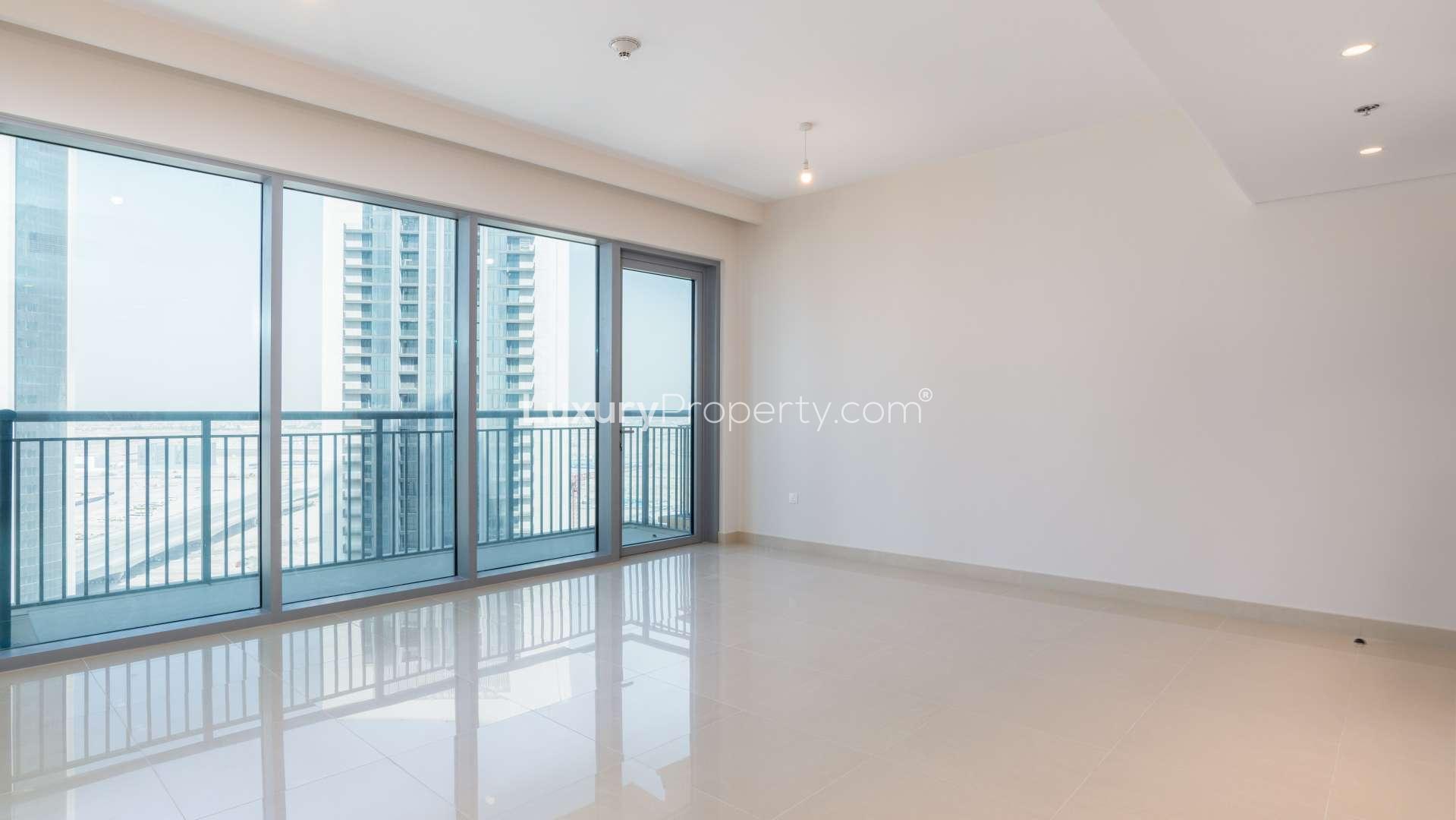 Balcony view of modern skyscrapers in Dubai Creek Harbour, Harbour Views 2 apartment for rent