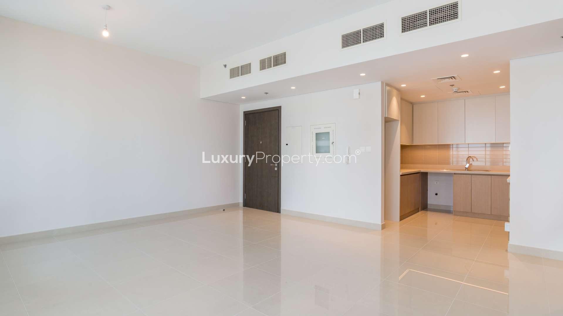 Bright living room with large windows in Harbour Views 2 apartment, Dubai Creek Harbour