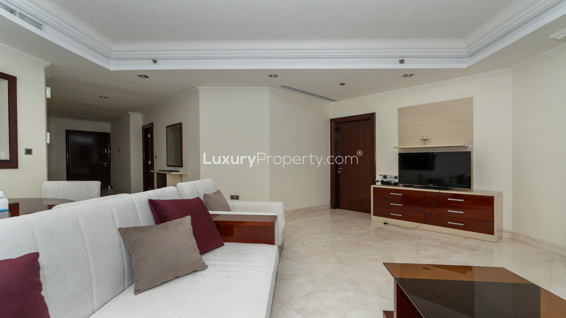 Luxurious living room in upgraded 1-bedroom apartment, Grandeur Residences, Palm Jumeirah