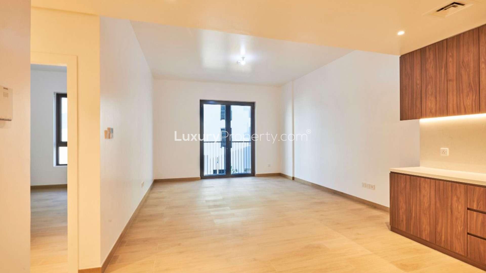 La Mer Jumeirah apartment complex exterior with fountain, available for rent, Ref LP13427