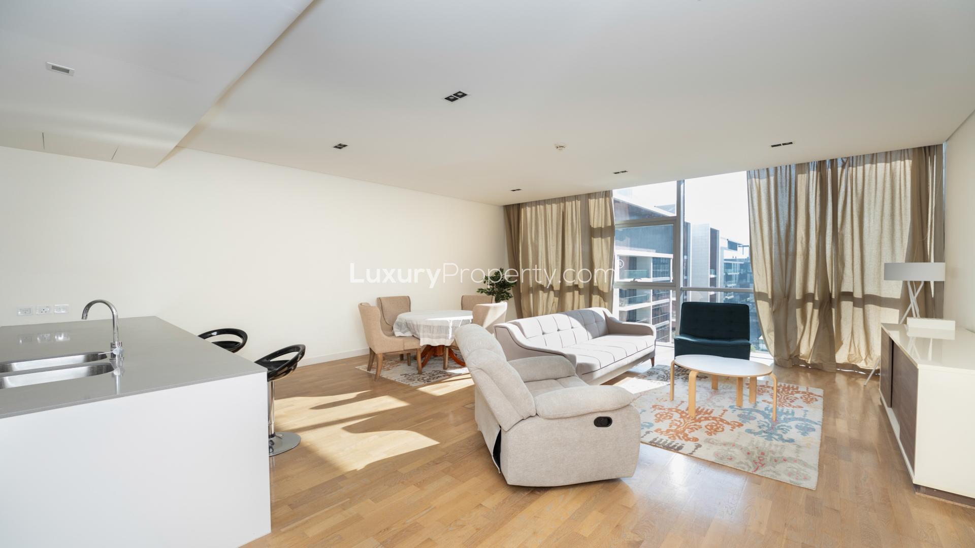 City Walk stylish 1-bedroom apartment living area with natural light and modern furnishings