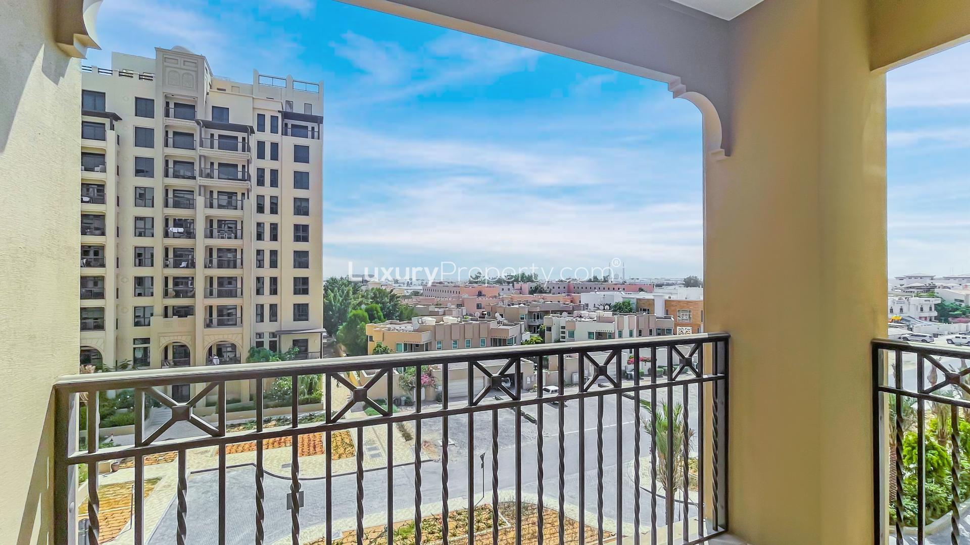 Modern apartment interior with balcony, skyline view in Madinat Jumeirah Living, Umm Suqeim
