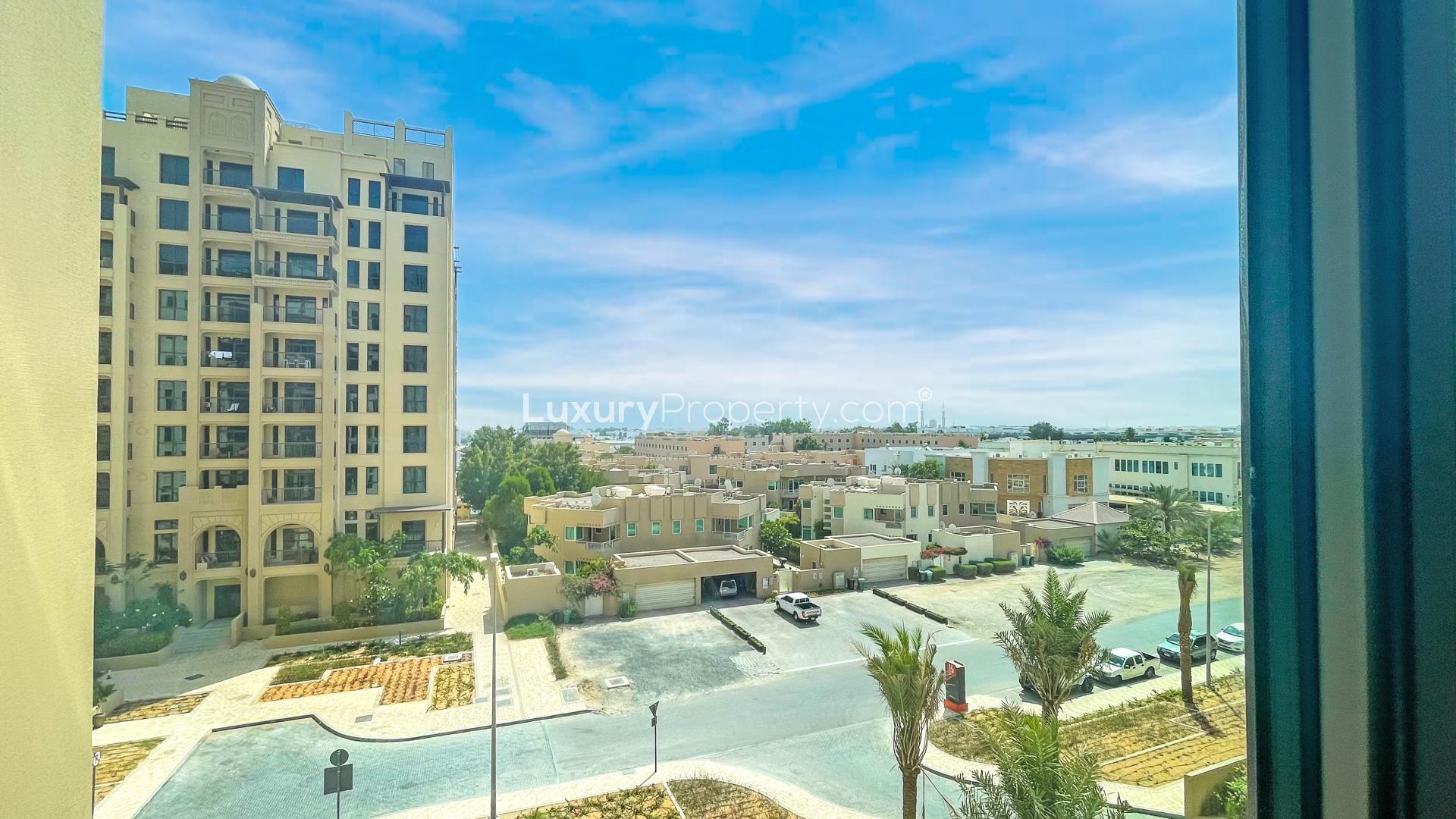 "Skyline view from balcony in Madinat Jumeirah Living, 1-bedroom apartment for rent.",Apartment view of Madinat Jumeirah Living skyline in Umm Suqeim, Dubai