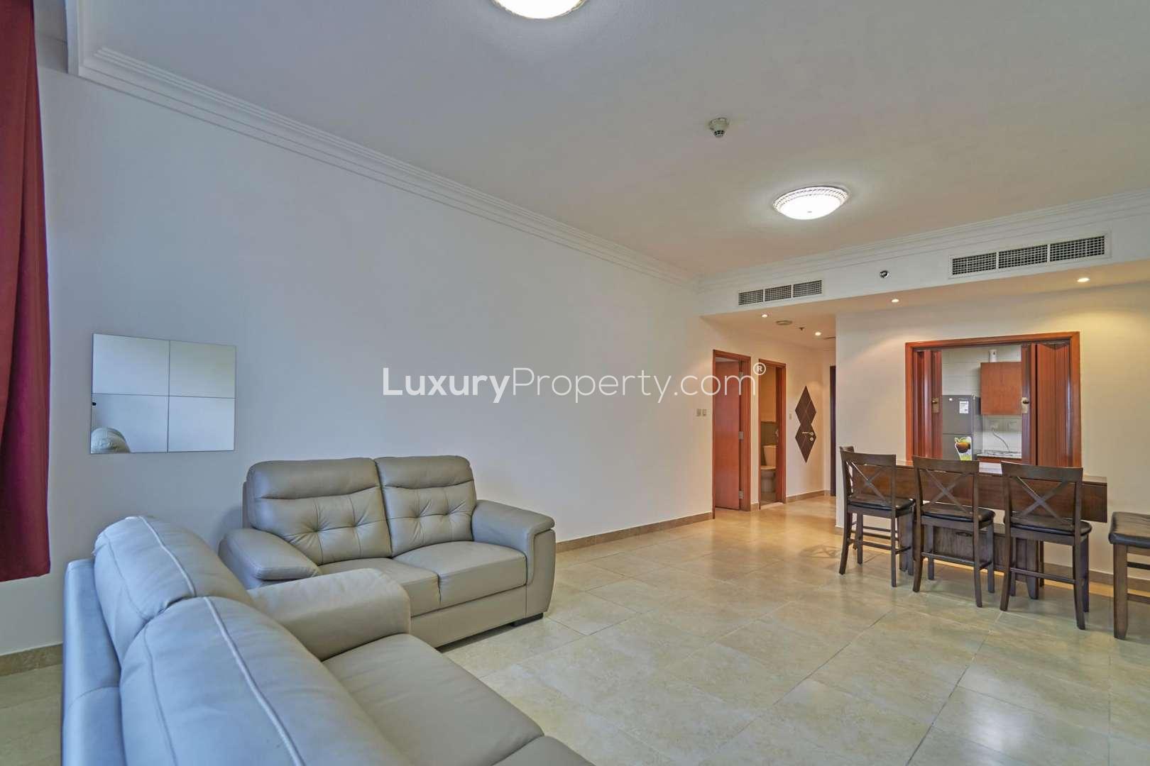 Furnished living and dining area in 1-bedroom apartment, Mag 218 Tower, Dubai Marina