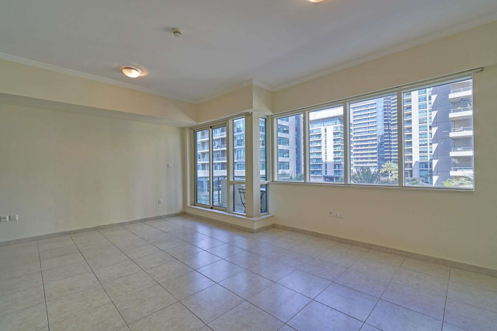 Balcony view from 1-bedroom apartment in Al Majara 2, Dubai Marina with modern furnishings