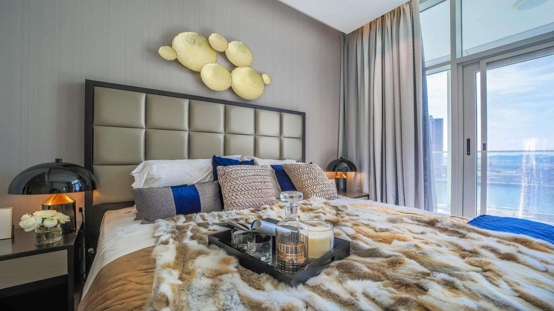 Luxurious studio apartment living room in Maison Majestine, Business Bay, with modern decor