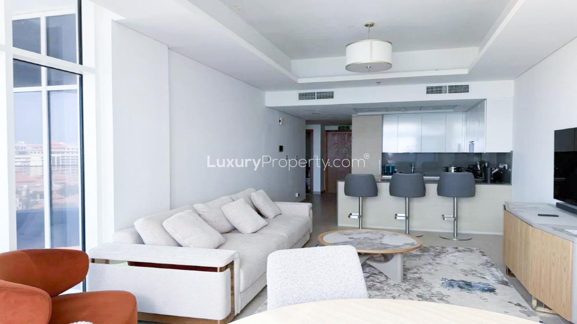 Panoramic view from low-floor apartment, Azizi Mina, Palm Jumeirah with private beach access