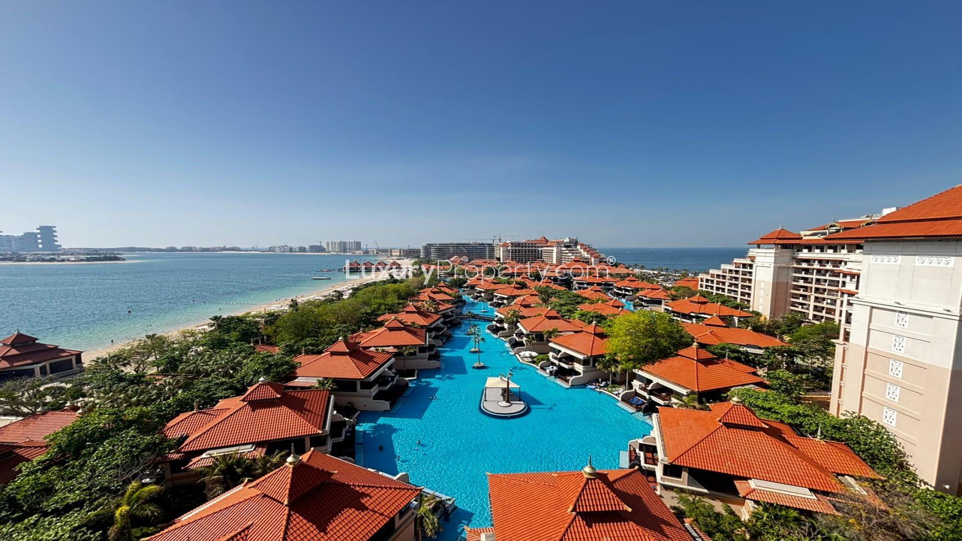 Luxurious living room in Azizi Mina apartment, Palm Jumeirah, with modern furnishings and sea view