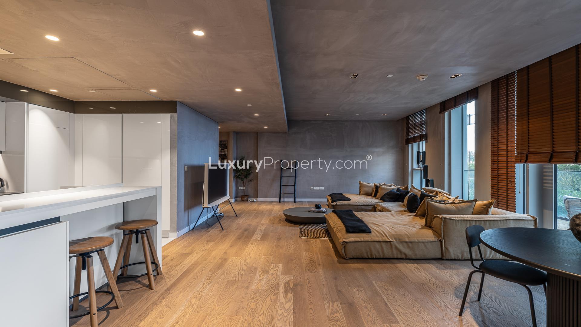 Fully renovated furnished apartment living room in Bluewaters Residences, available for rent