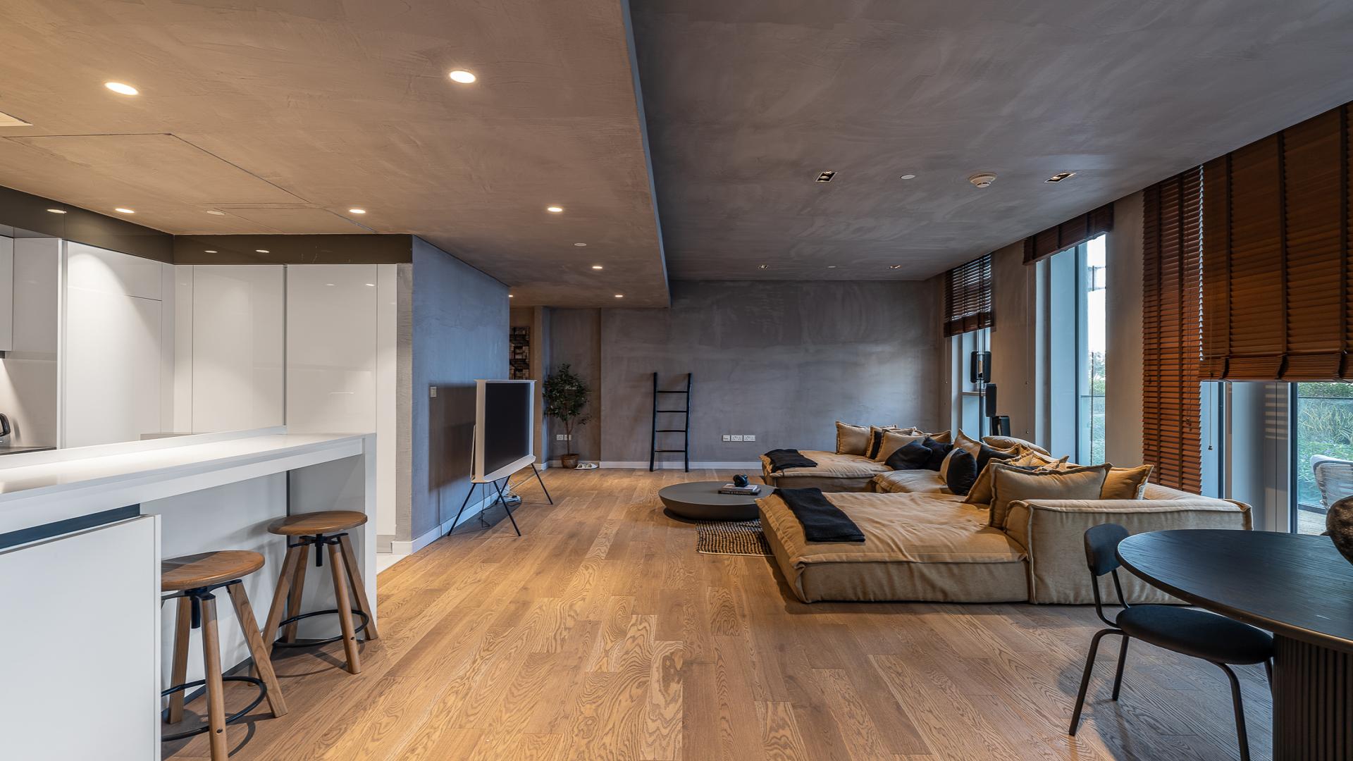 Fully renovated furnished apartment living room in Bluewaters Residences, available for rent