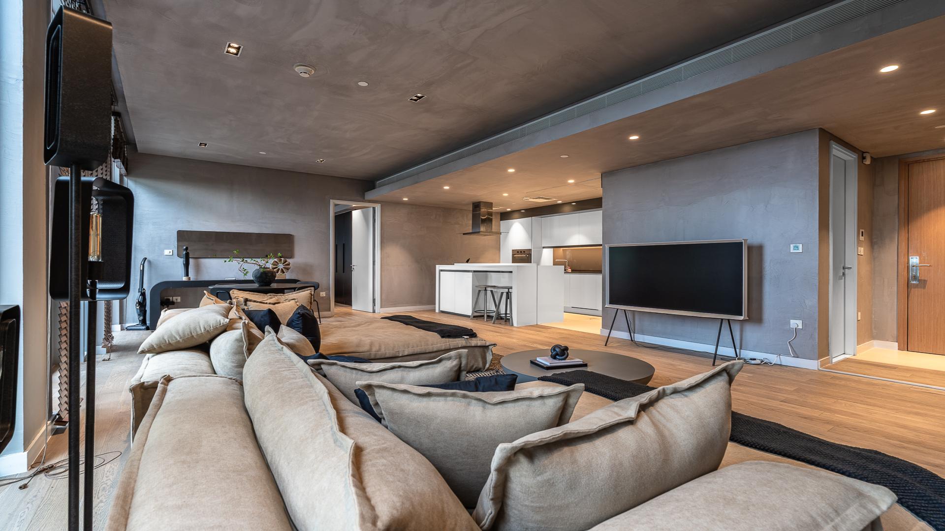 Luxurious living room with modern furnishings in Bluewaters Residences apartment for rent