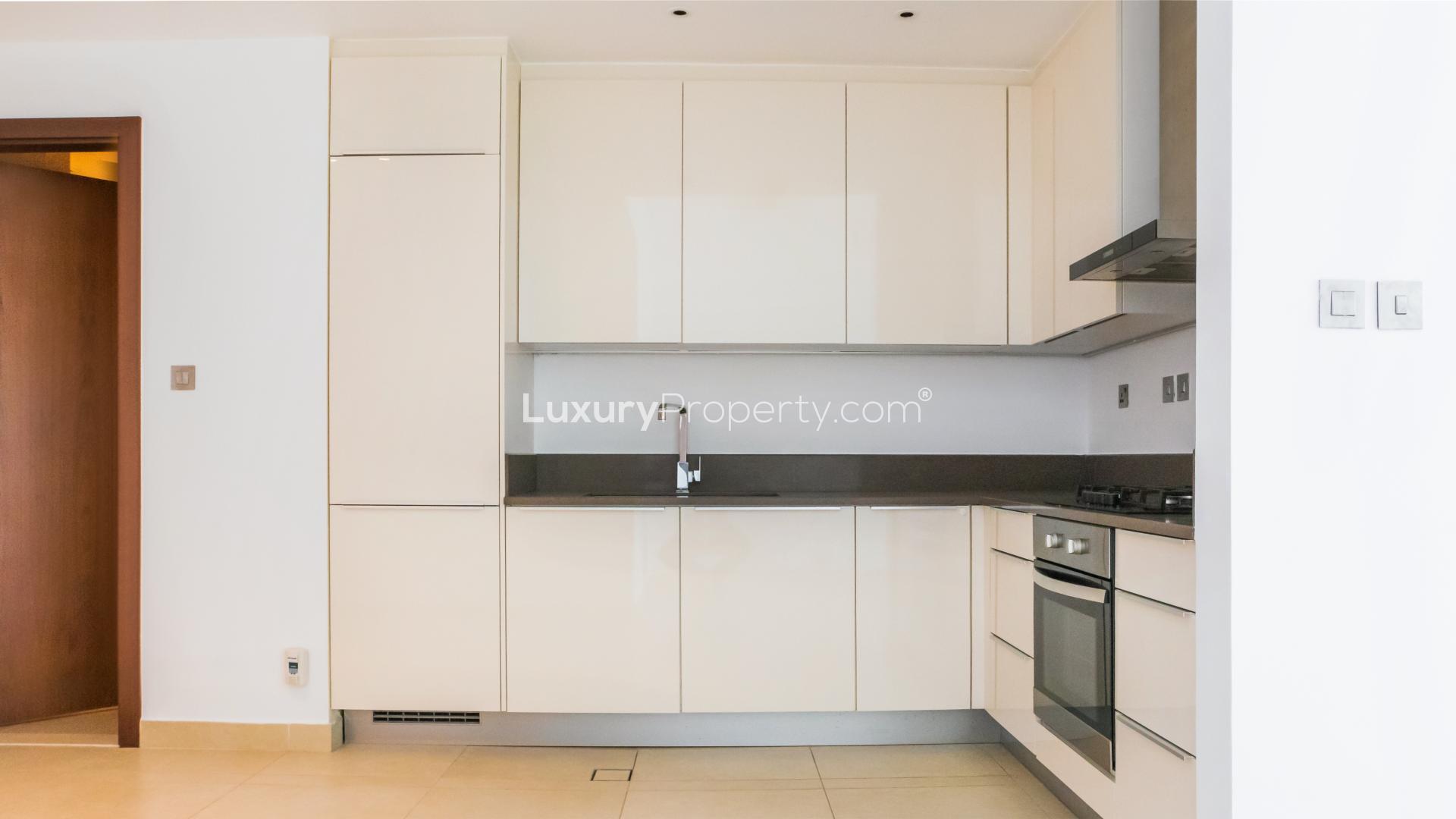 Modern kitchen in Dubai Marina apartment, featuring sleek cabinetry and built-in appliances