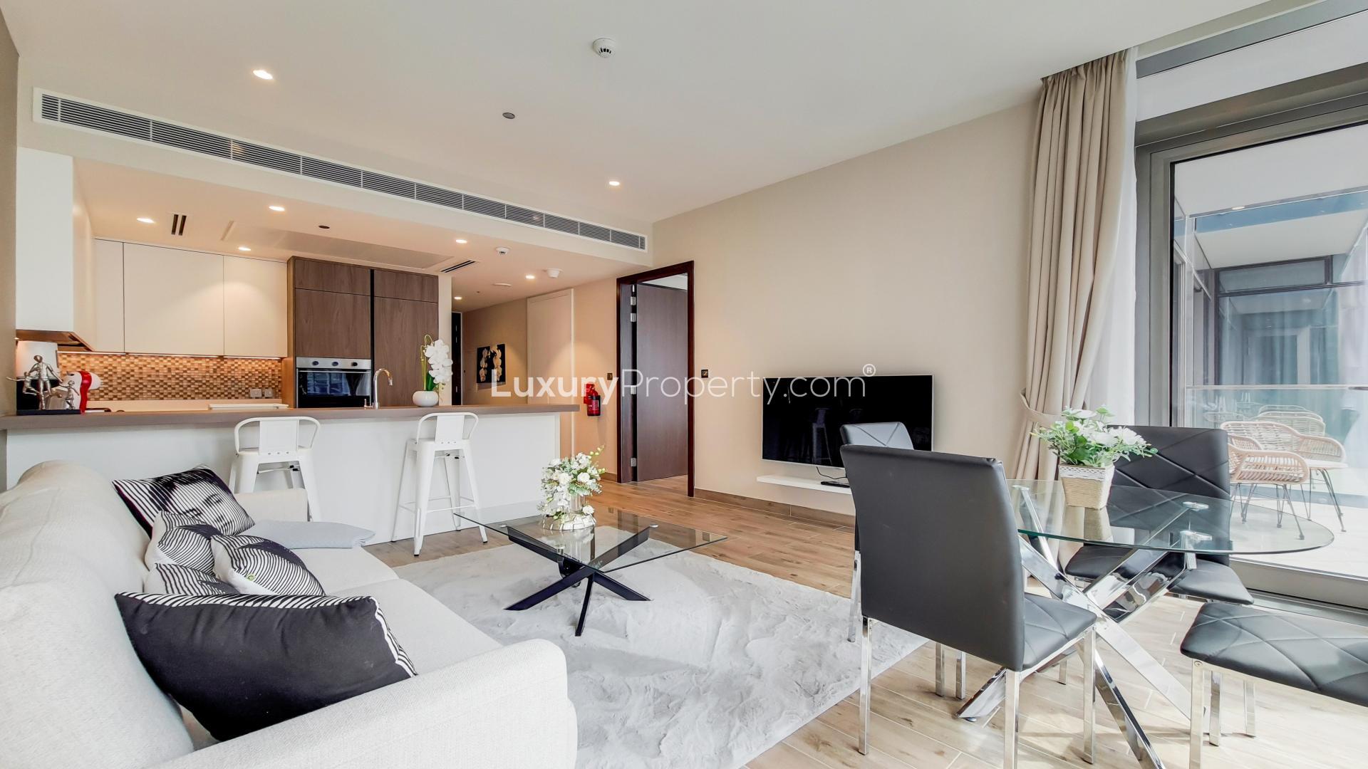 Upgraded high-floor apartment balcony with stunning Dubai Marina views, Marina Gate community